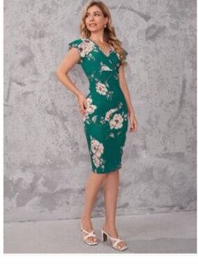 SHEIN Emerald Green Floral Midi Dress